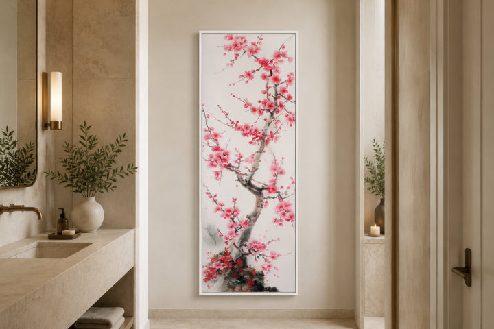 Vertical narrow wall art featuring a cherry blossom tree in a minimalist bathroom setting.