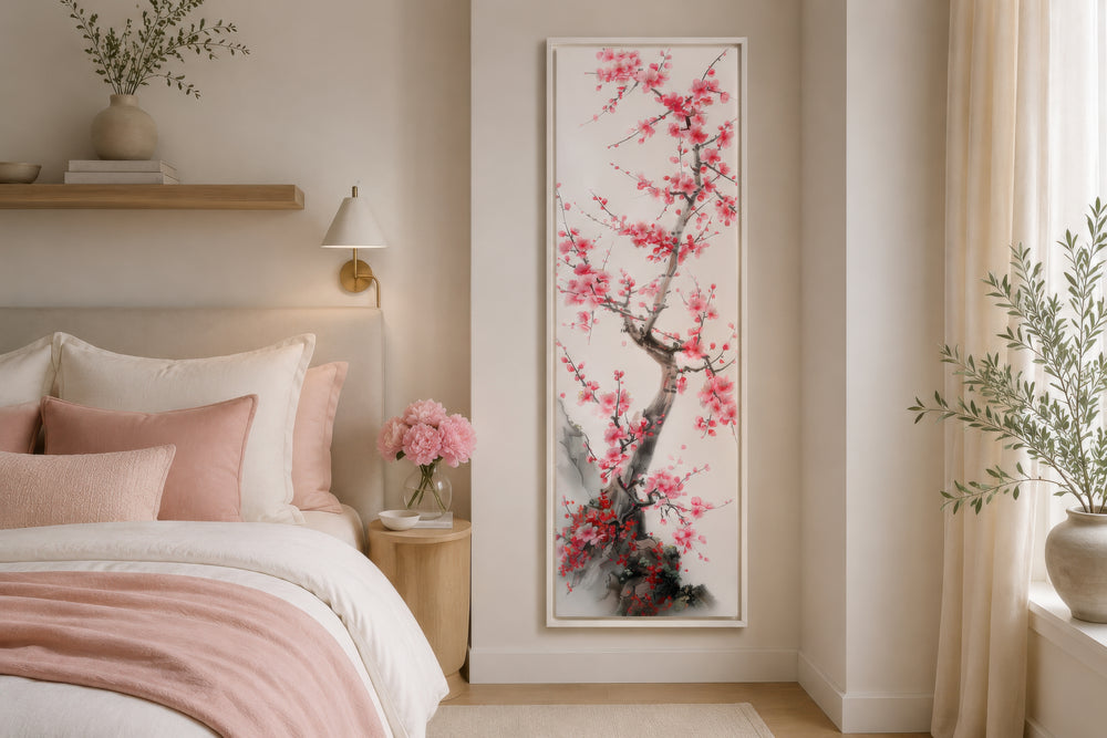Vertical narrow wall art featuring a cherry blossom tree in a serene, neutral-toned bedroom.