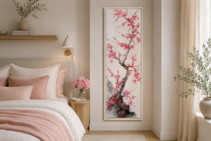 Vertical narrow wall art featuring a cherry blossom tree in a serene, neutral-toned bedroom.