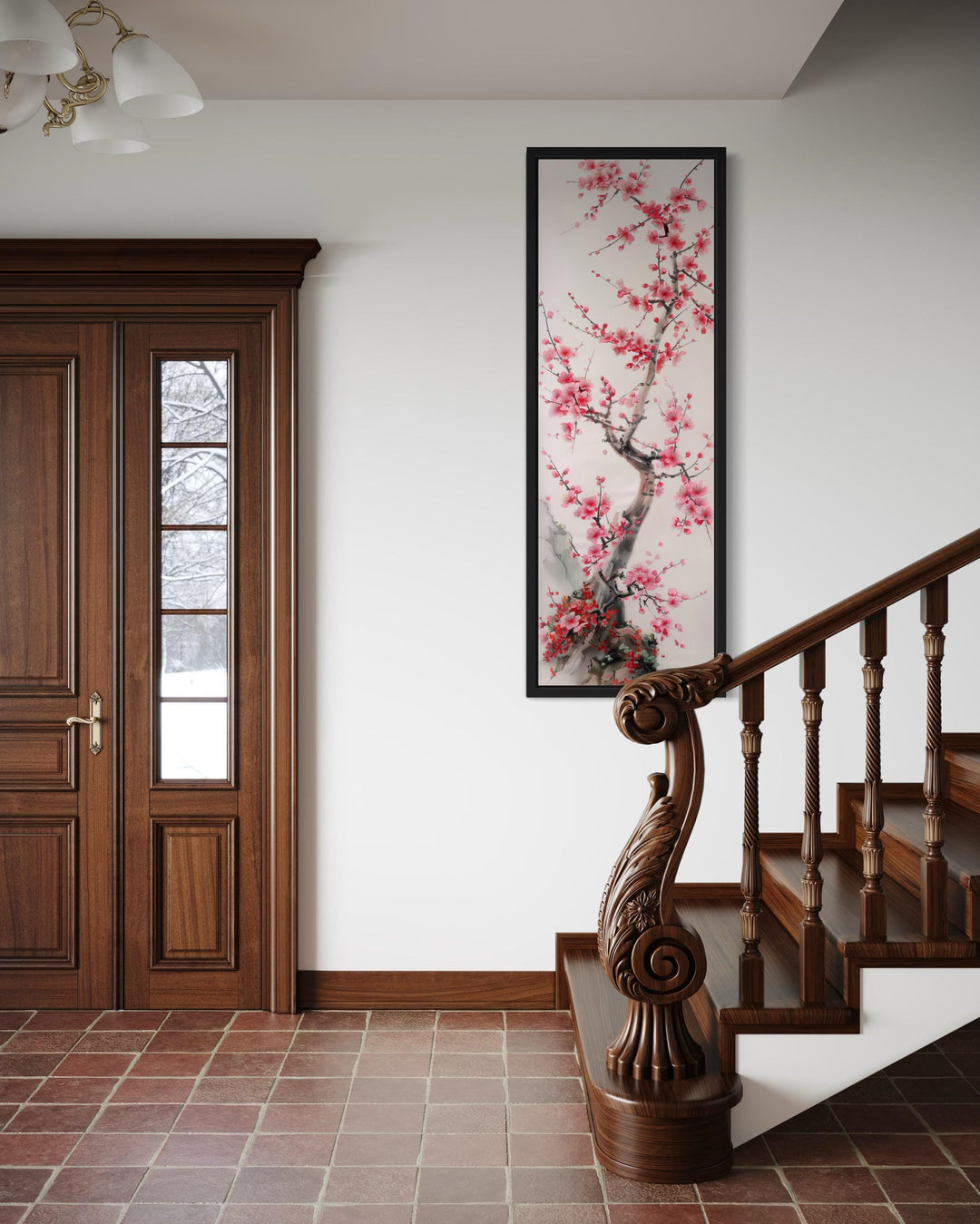 Vertical narrow wall art featuring a cherry blossom tree in a black frame on a white wall.