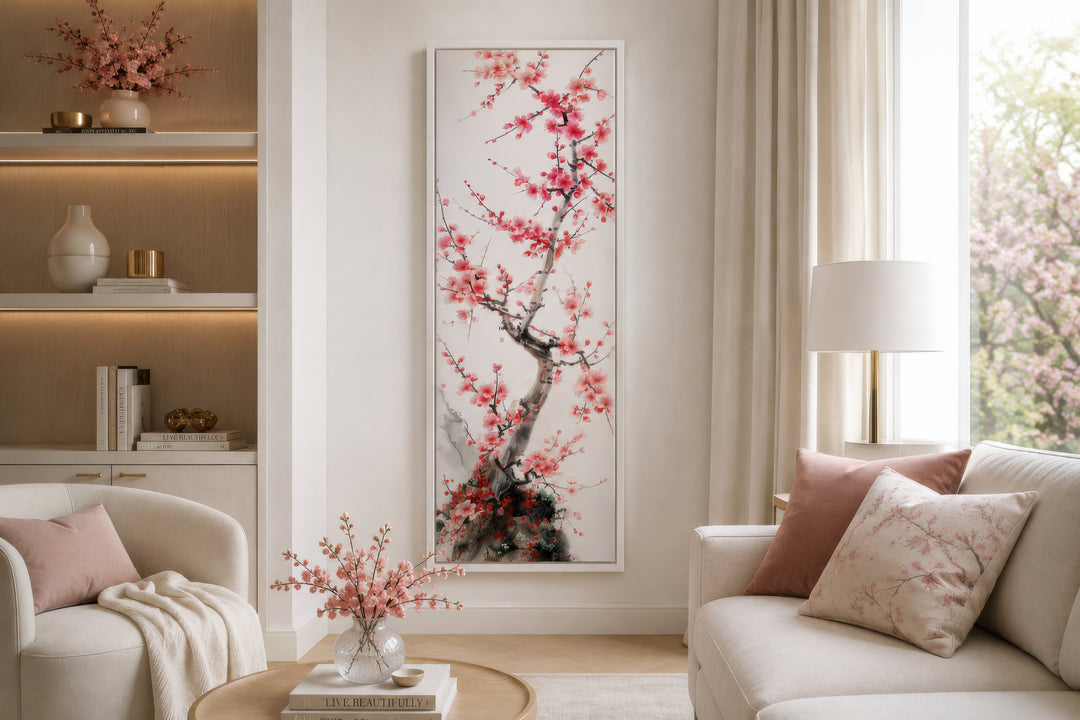 Vertical narrow wall art featuring a cherry blossom tree in a serene, modern living room.