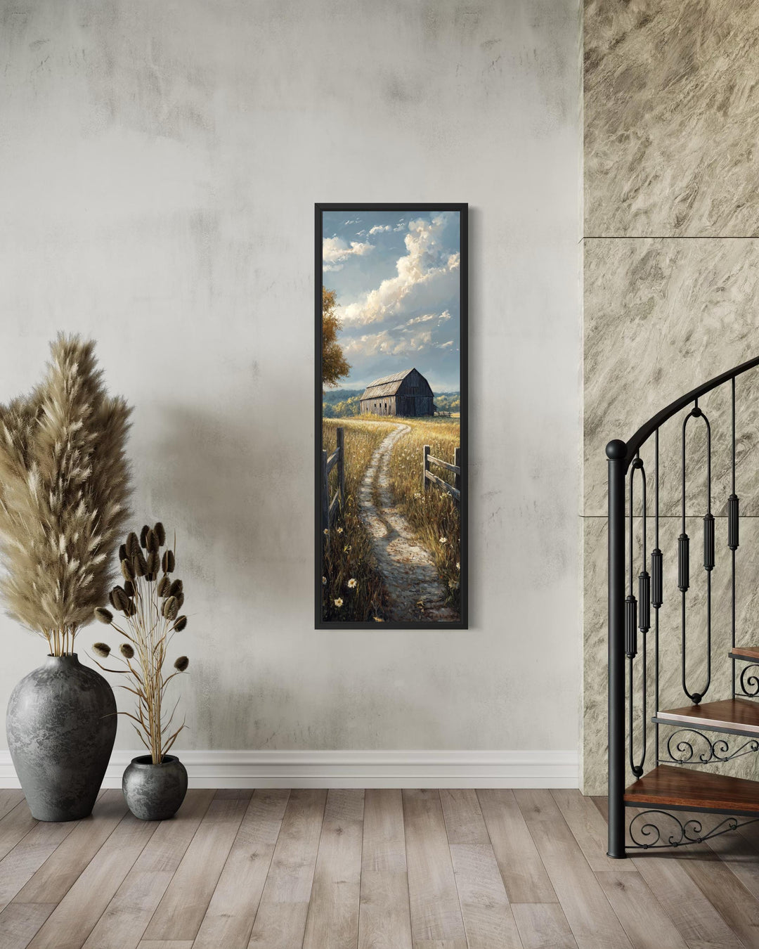 Vertical narrow canvas wall art featuring a rustic barn in a golden wheat field under a cloudy sky.