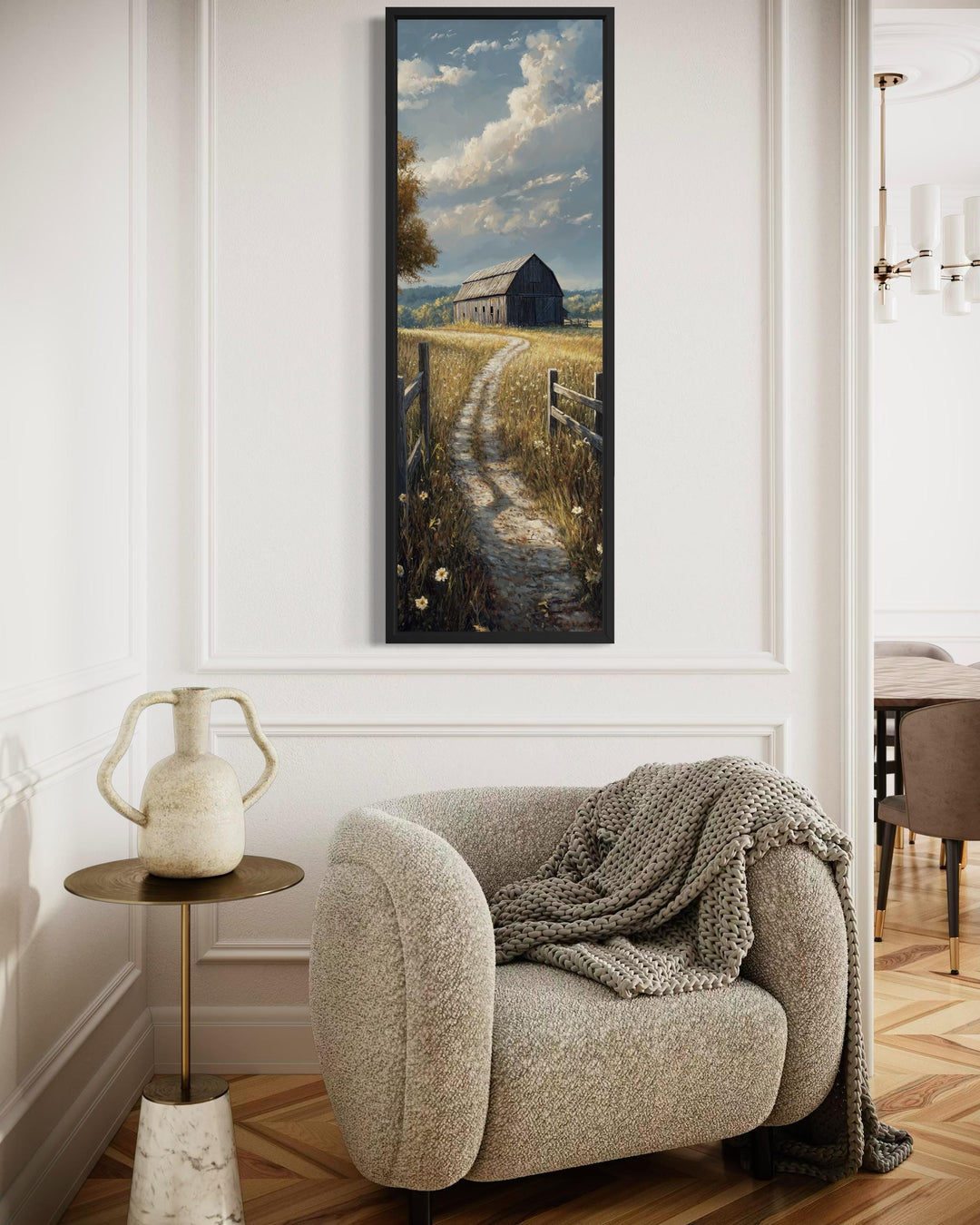 Vertical narrow canvas wall art of a rustic barn in a golden wheat field under a cloudy sky.
