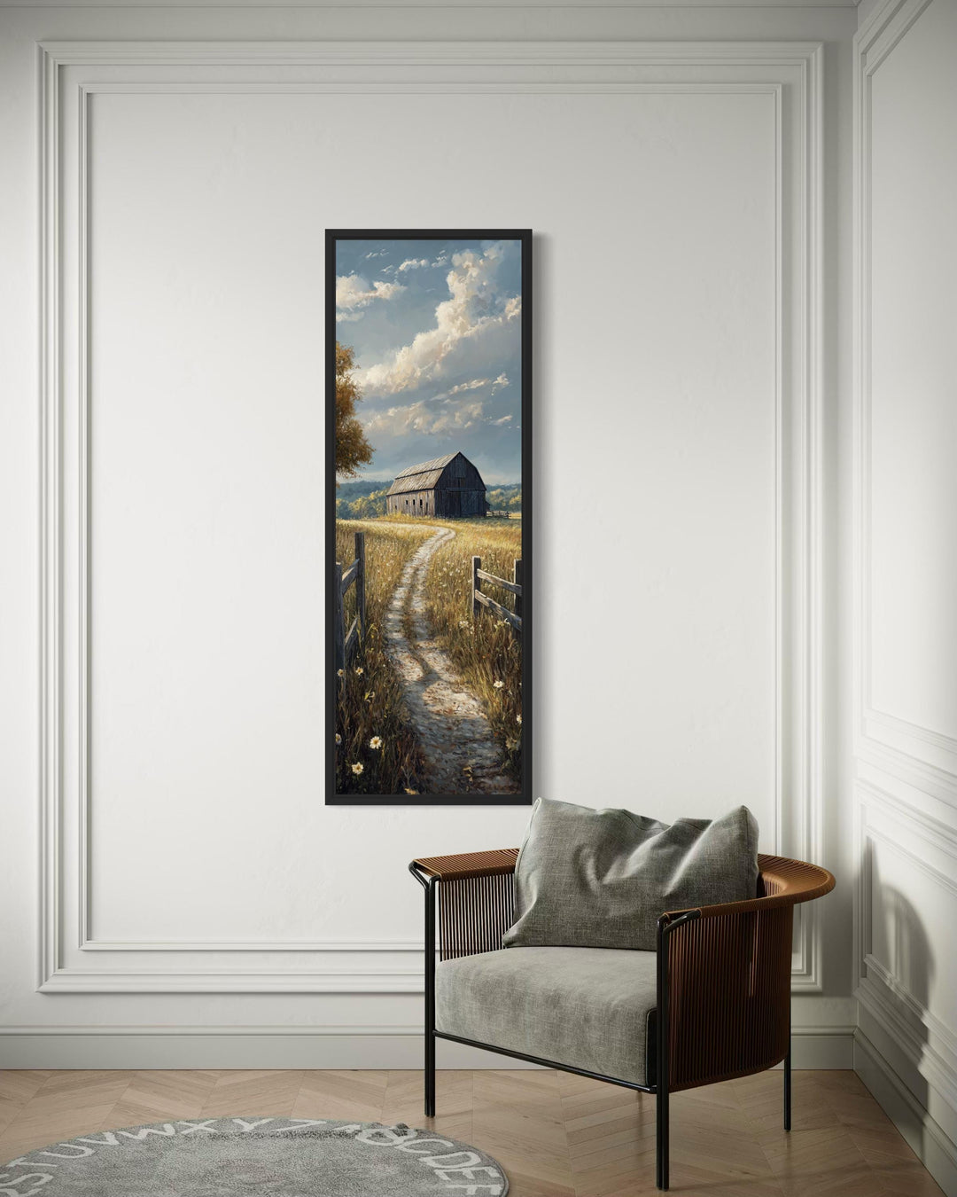 Vertical narrow canvas wall art of a rustic barn in a golden wheat field under a cloudy sky.