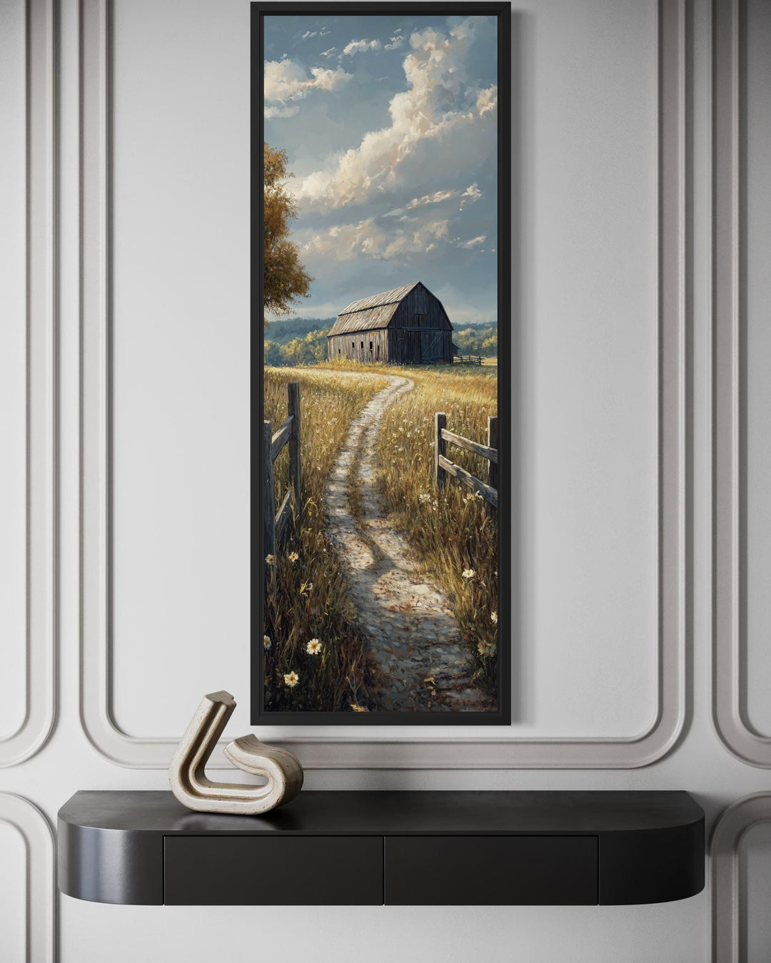 Vertical narrow canvas wall art of a rustic barn in a golden wheat field under a cloudy sky.