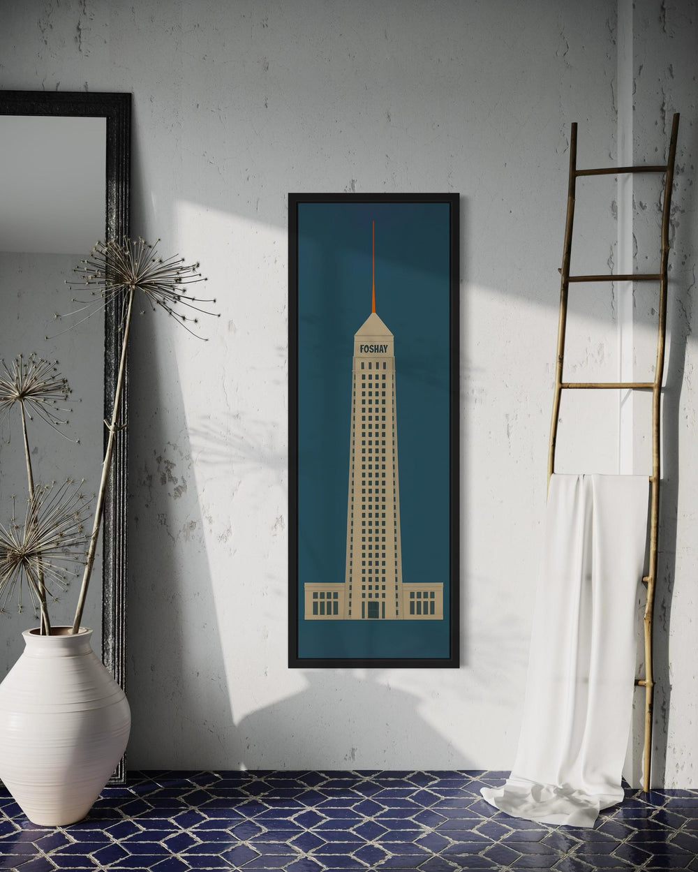 Tall vertical minimalist art of Minneapolis' Foshay Tower on a navy teal background in a black frame
