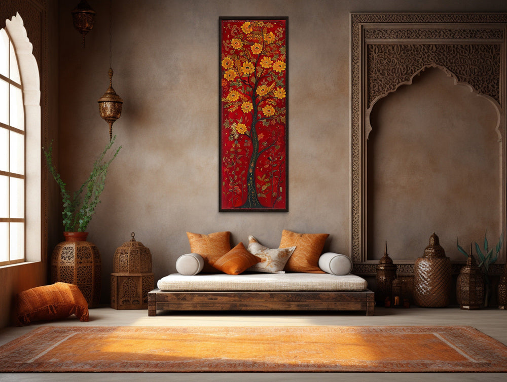 Vertical Narrow Indian Tree Framed Canvas Wall Art