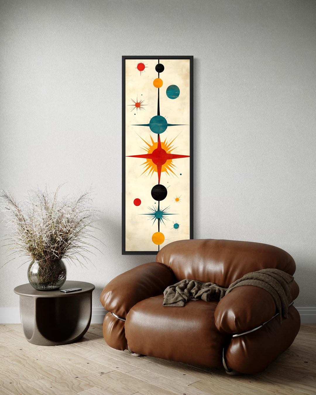 Vertical narrow mid-century modern wall art featuring an abstract atomic starburst print.