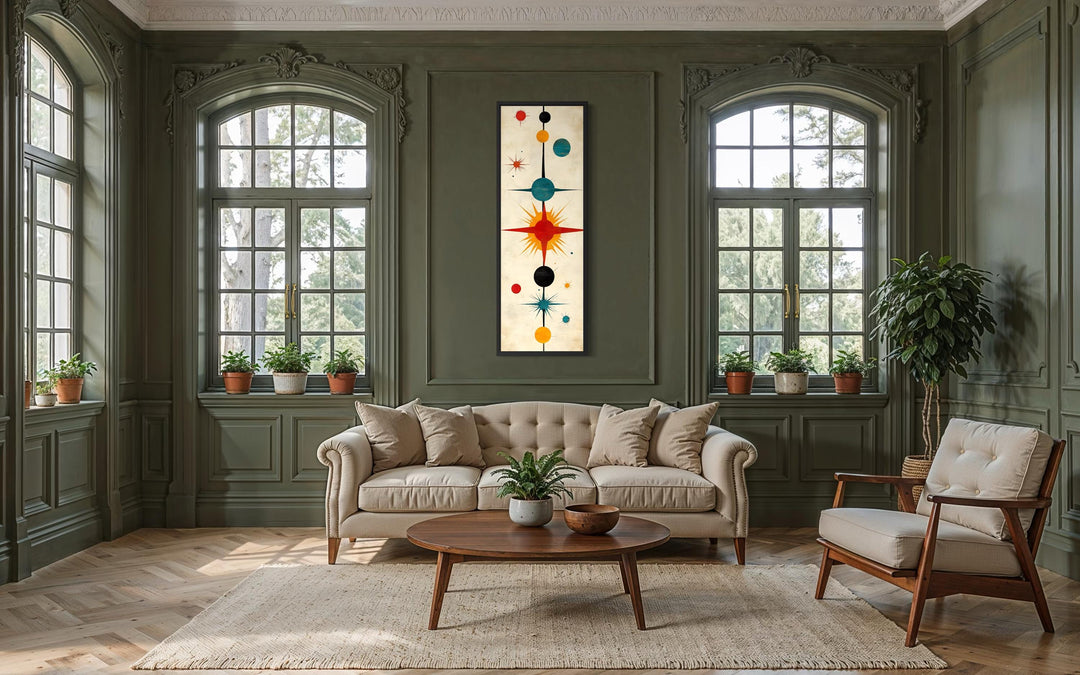 Vertical narrow mid-century modern wall art featuring an abstract atomic starburst print.