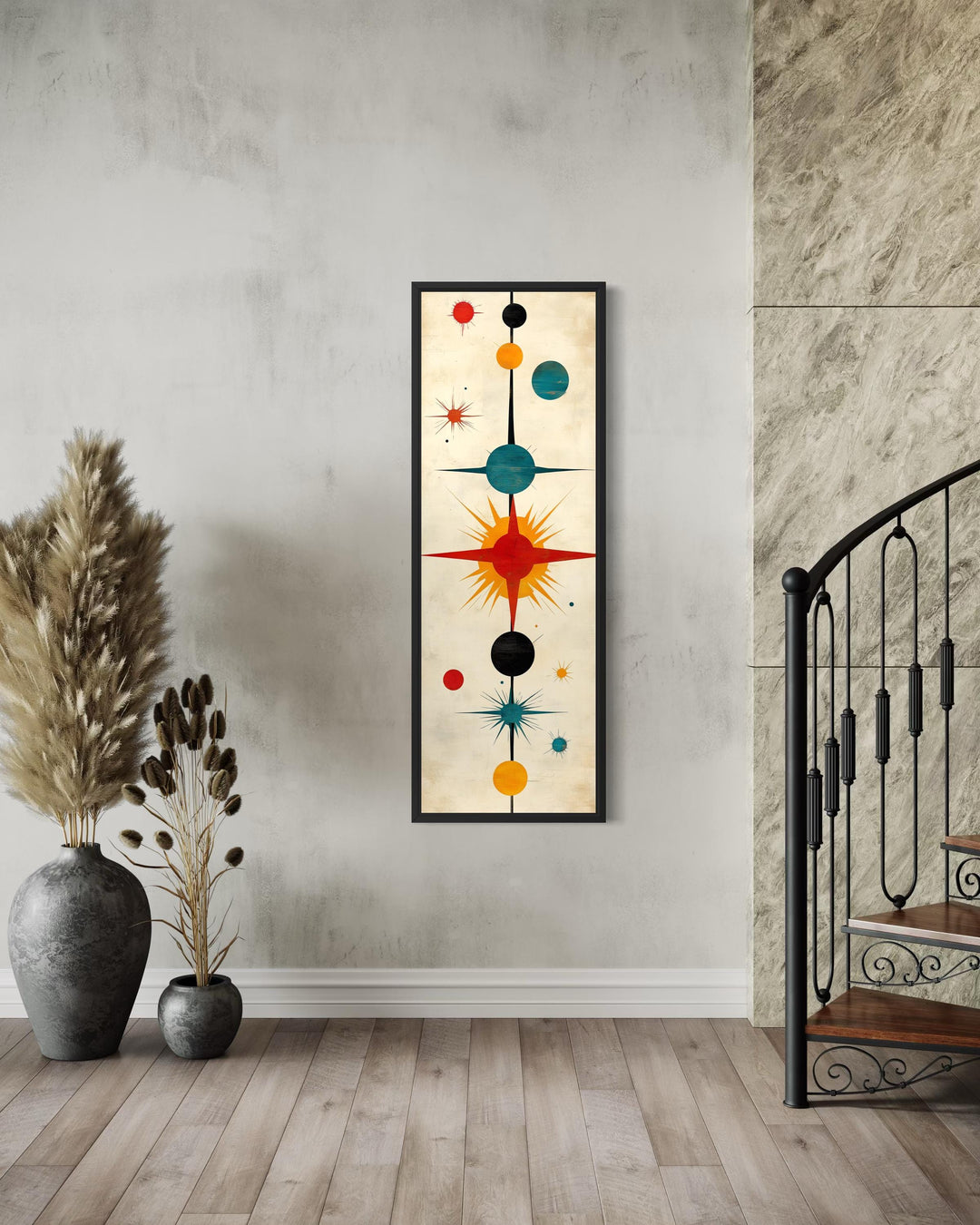 Vertical narrow mid-century modern wall art featuring an abstract atomic starburst print.