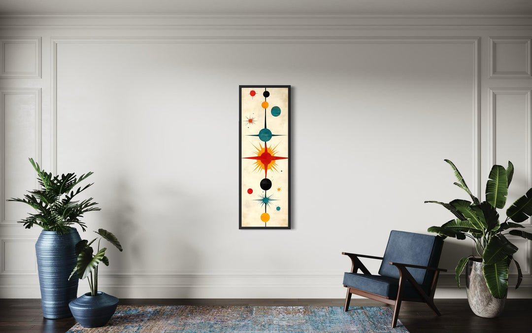 Vertical narrow mid-century modern wall art featuring an abstract atomic starburst print.