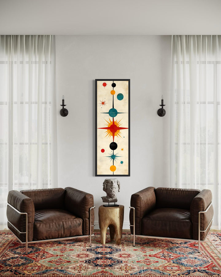 Vertical narrow mid-century modern wall art featuring an abstract atomic starburst print.