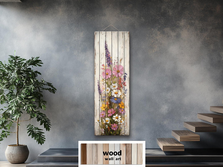 Vertical Narrow Wildflowers Distressed Wood Wall Art