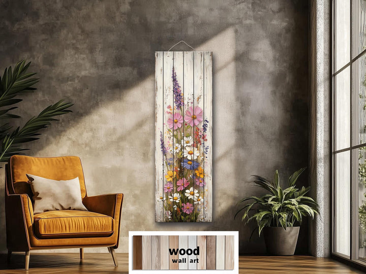 Vertical Narrow Wildflowers Distressed Wood Wall Art