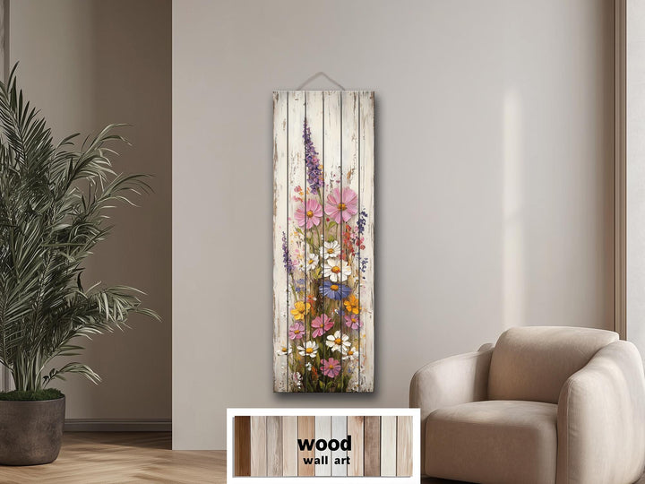 Vertical Narrow Wildflowers Distressed Wood Wall Art