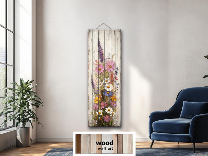 Vertical Narrow Wildflowers Distressed Wood Wall Art