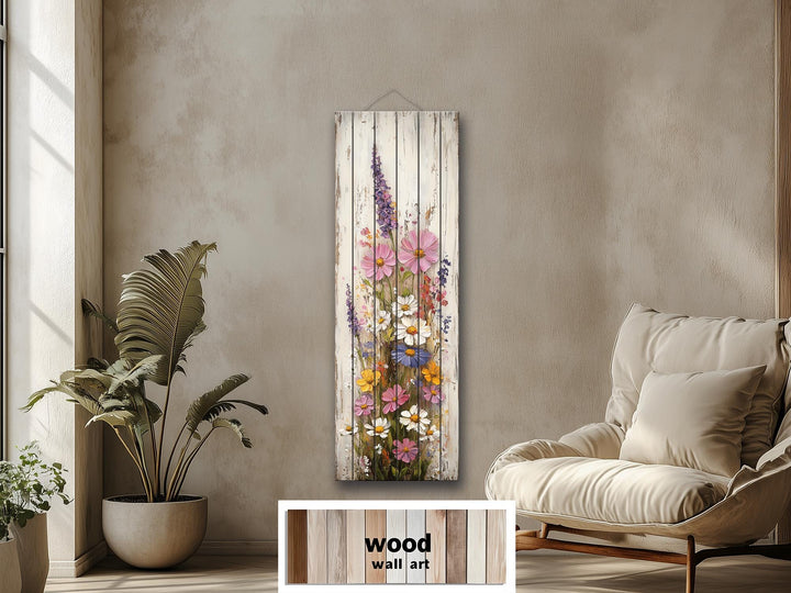 Vertical Narrow Wildflowers Distressed Wood Wall Art