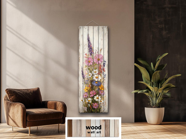 Vertical Narrow Wildflowers Distressed Wood Wall Art