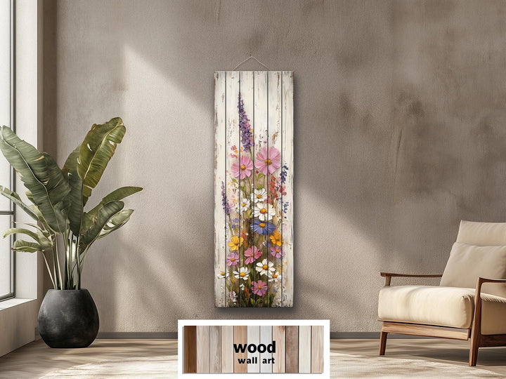 Vertical Narrow Wildflowers Distressed Wood Wall Art