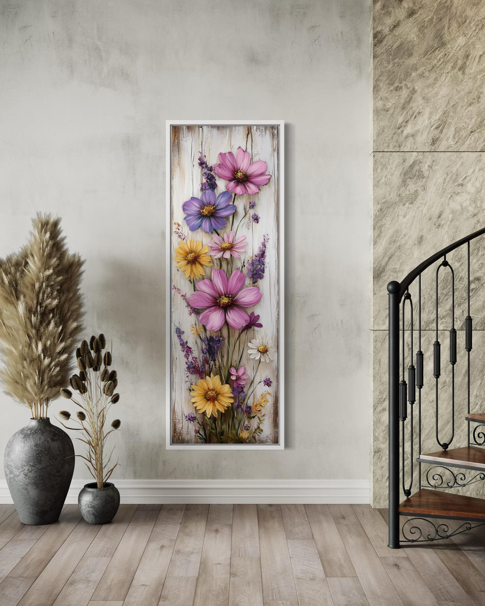 Vertical Narrow Wildflowers On Wood Rustic Canvas Wall Art