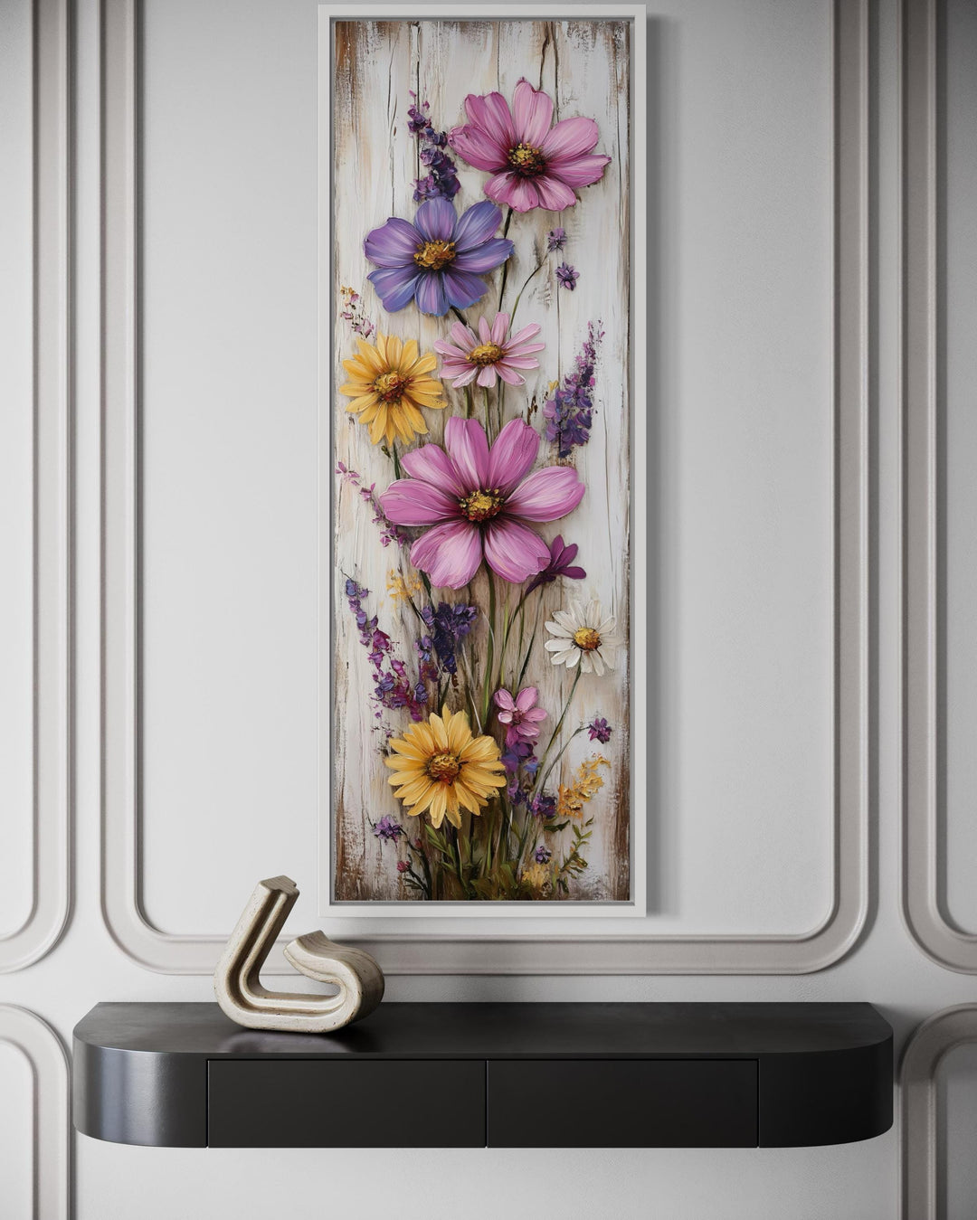 Vertical Narrow Wildflowers On Wood Rustic Canvas Wall Art