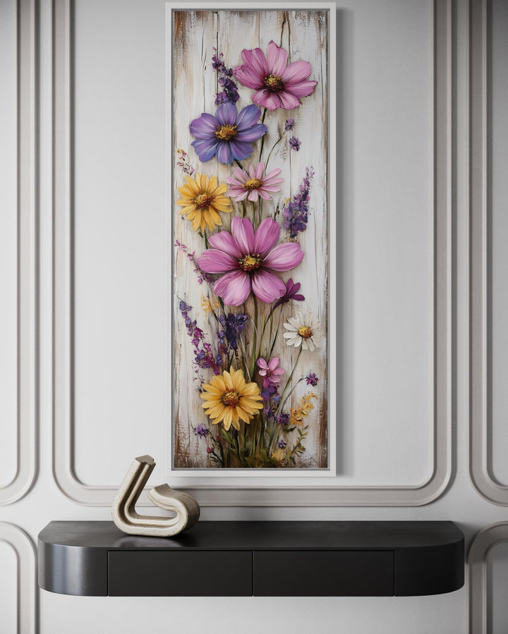 Vertical Narrow Wildflowers On Wood Rustic Canvas Wall Art