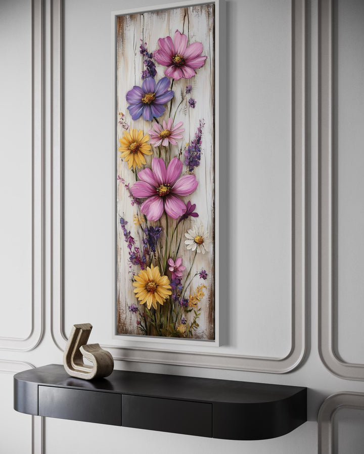 Vertical Narrow Wildflowers On Wood Rustic Canvas Wall Art