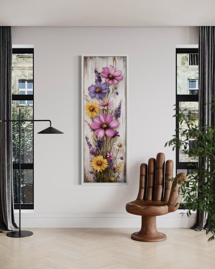 Vertical Narrow Wildflowers On Wood Rustic Canvas Wall Art