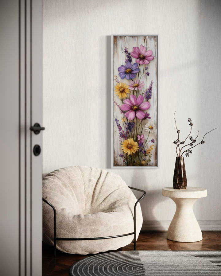 Vertical Narrow Wildflowers On Wood Rustic Canvas Wall Art