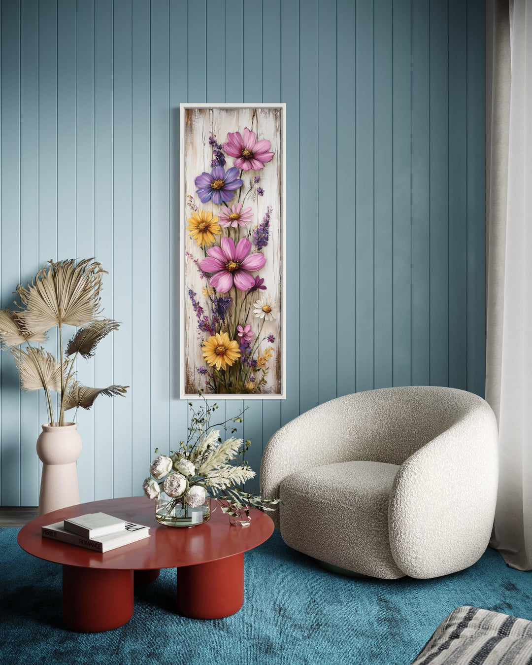 Vertical Narrow Wildflowers On Wood Rustic Canvas Wall Art