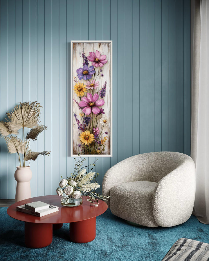 Vertical Narrow Wildflowers On Wood Rustic Canvas Wall Art
