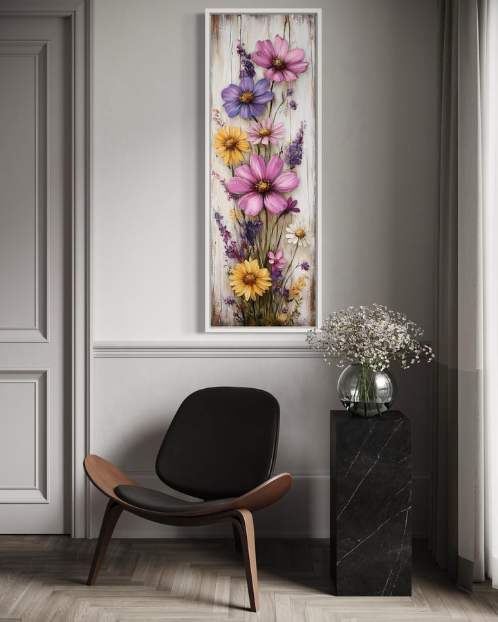 Vertical Narrow Wildflowers On Wood Rustic Canvas Wall Art