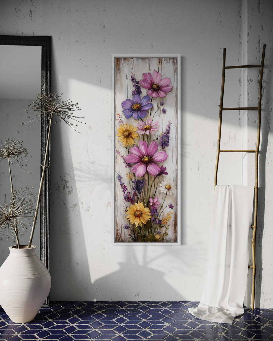 Vertical Narrow Wildflowers On Wood Rustic Canvas Wall Art