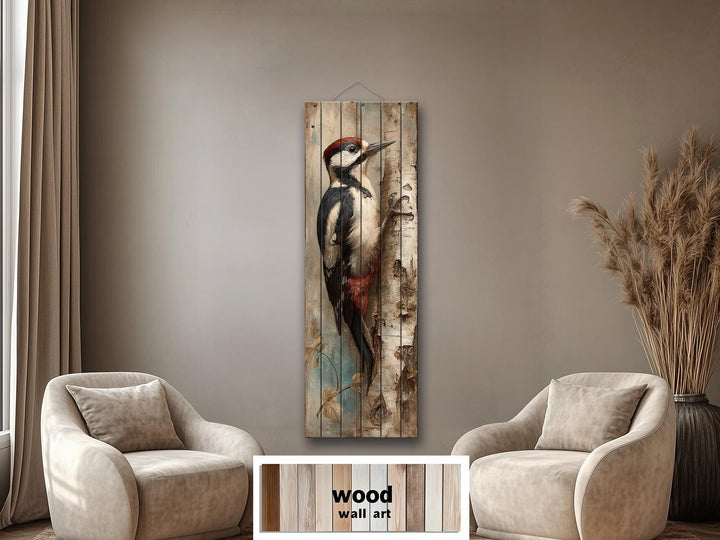 Vertical Narrow Woodpecker Distressed Wood Wall Art