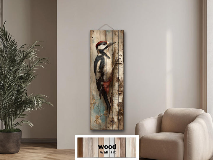 Vertical Narrow Woodpecker Distressed Wood Wall Art