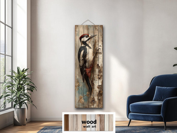 Vertical Narrow Woodpecker Distressed Wood Wall Art