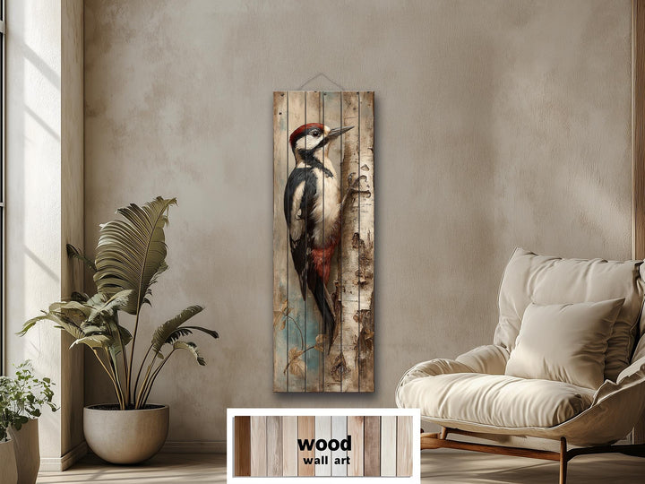 Vertical Narrow Woodpecker Distressed Wood Wall Art