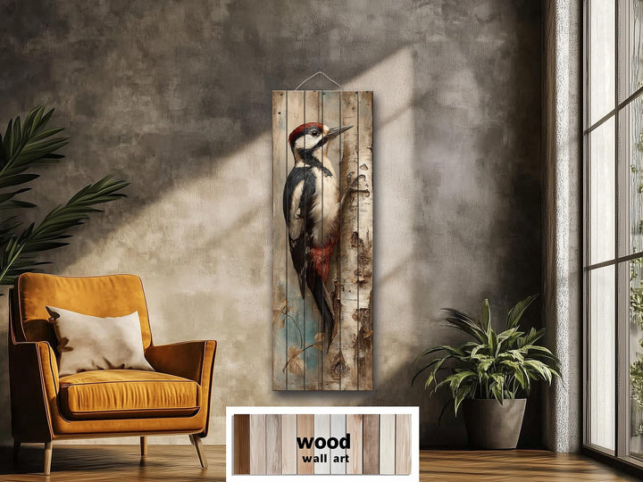 Vertical Narrow Woodpecker Distressed Wood Wall Art