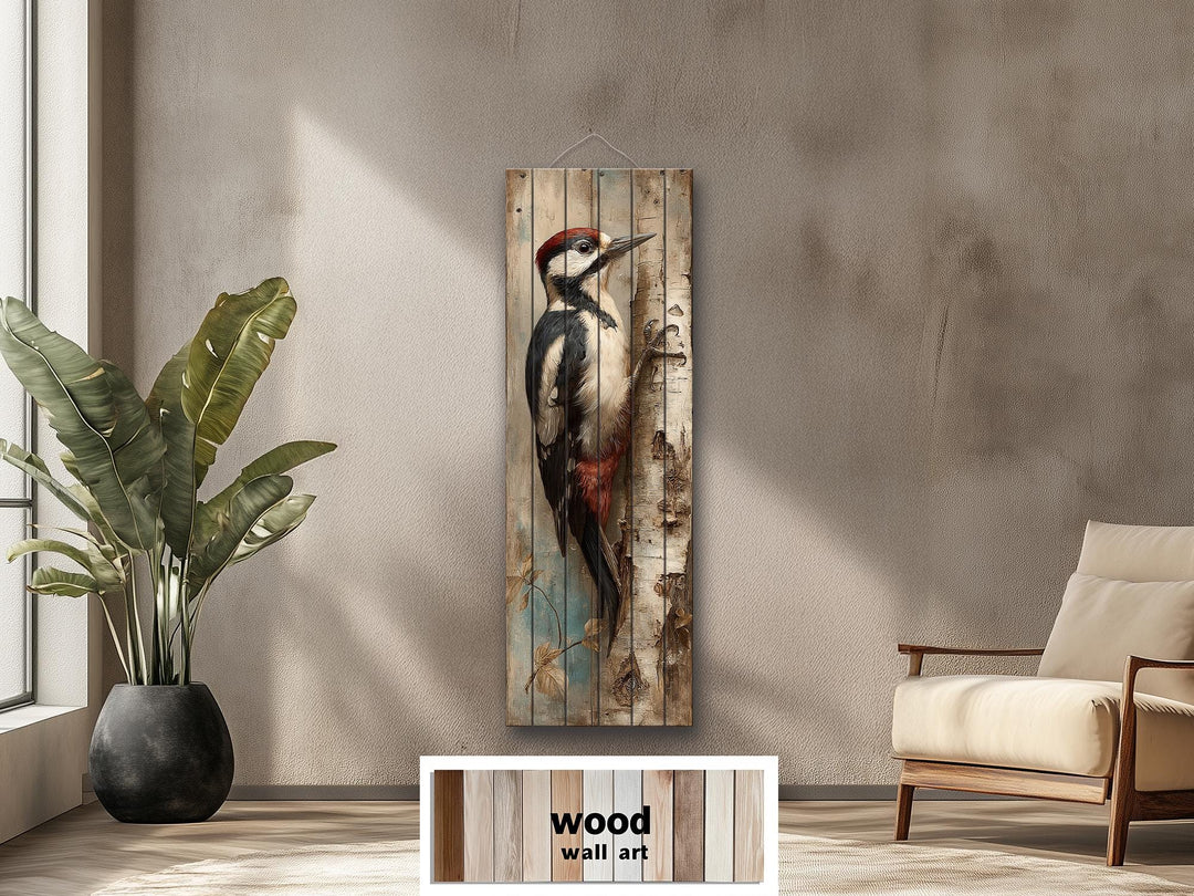 Vertical Narrow Woodpecker Distressed Wood Wall Art