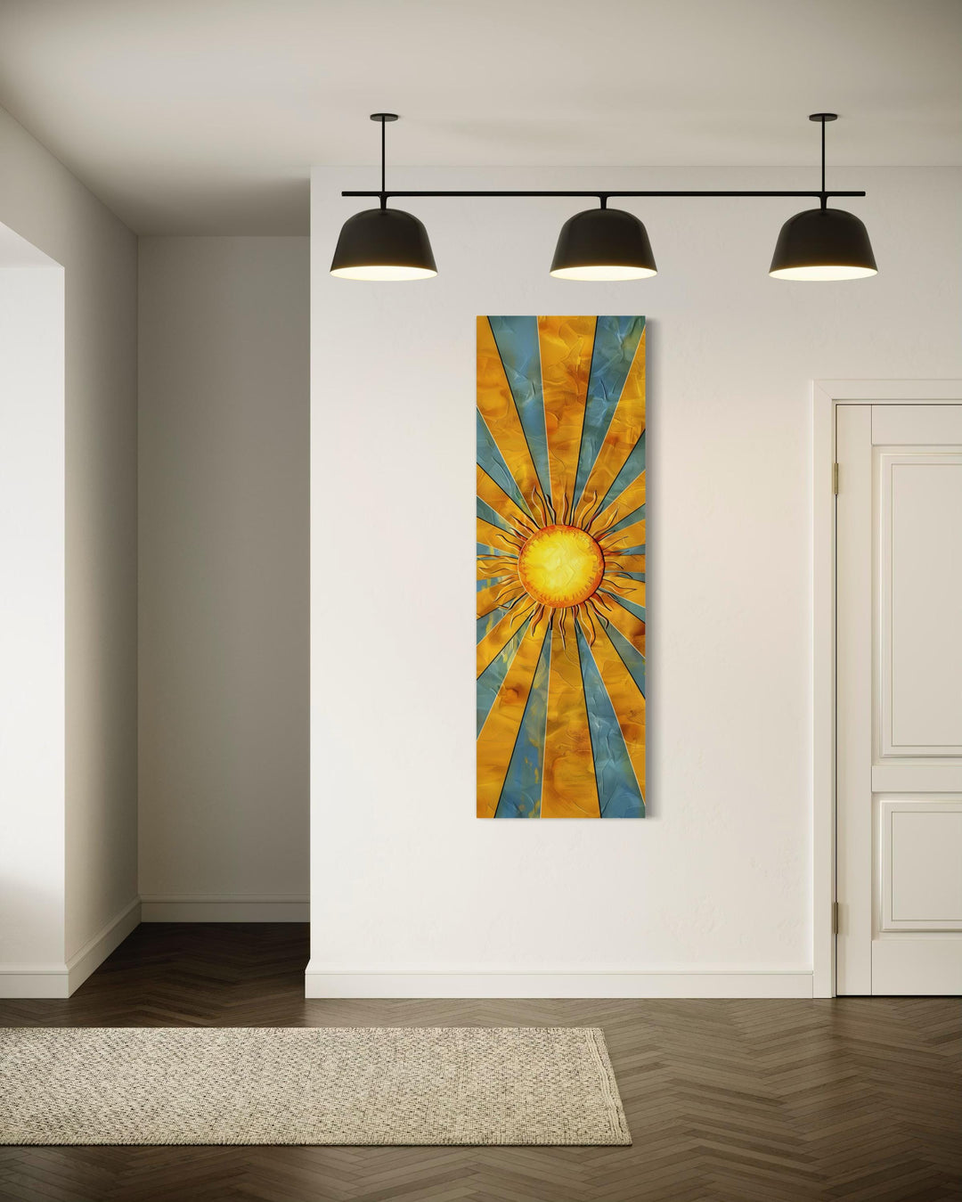 Vertical Narrow Yellow Sun In Blue Sky Framed Canvas Wall Art