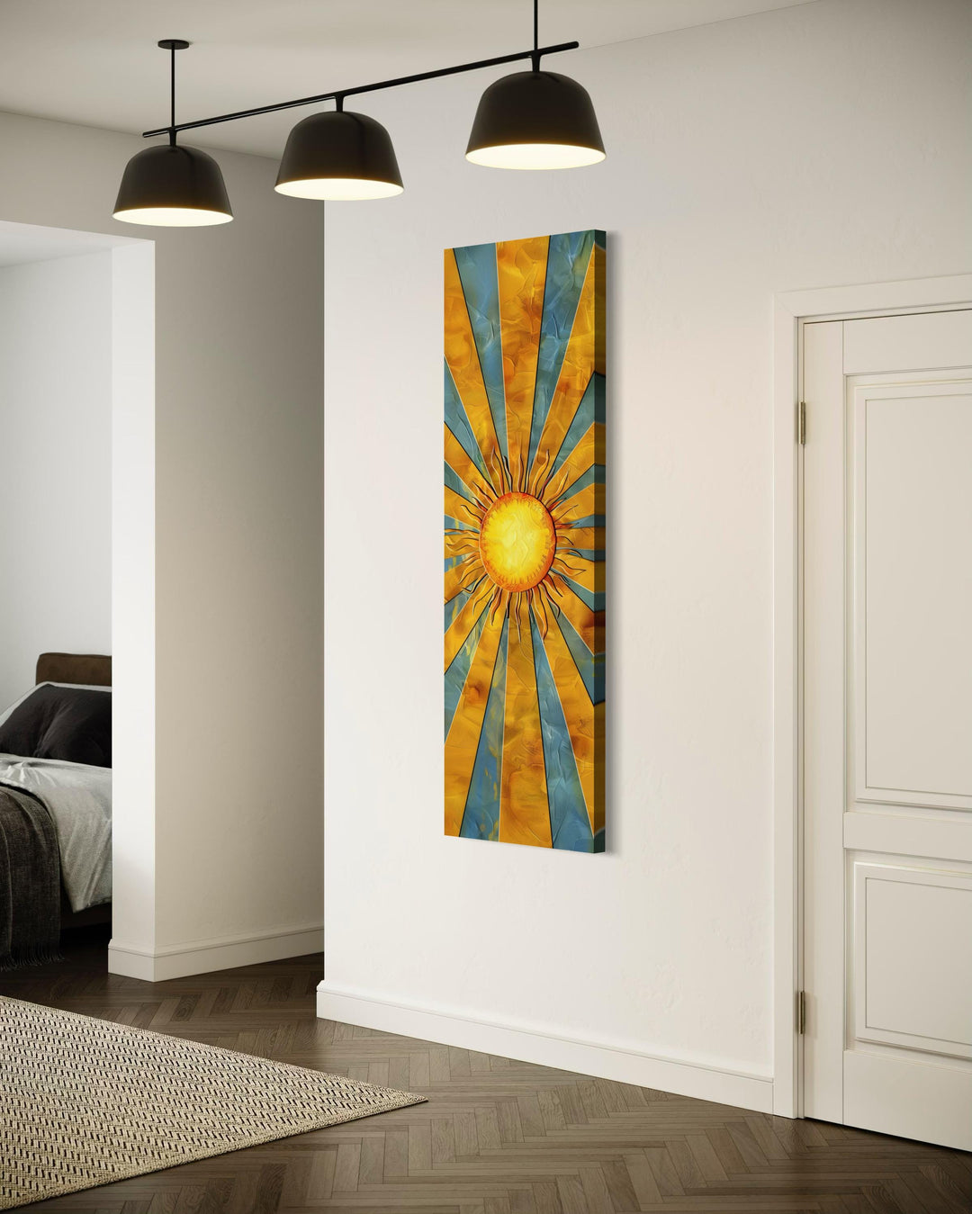 Vertical Narrow Yellow Sun In Blue Sky Framed Canvas Wall Art