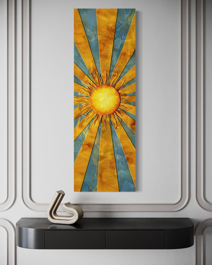 Vertical narrow framed canvas wall art featuring a yellow sun with rays against a blue sky.