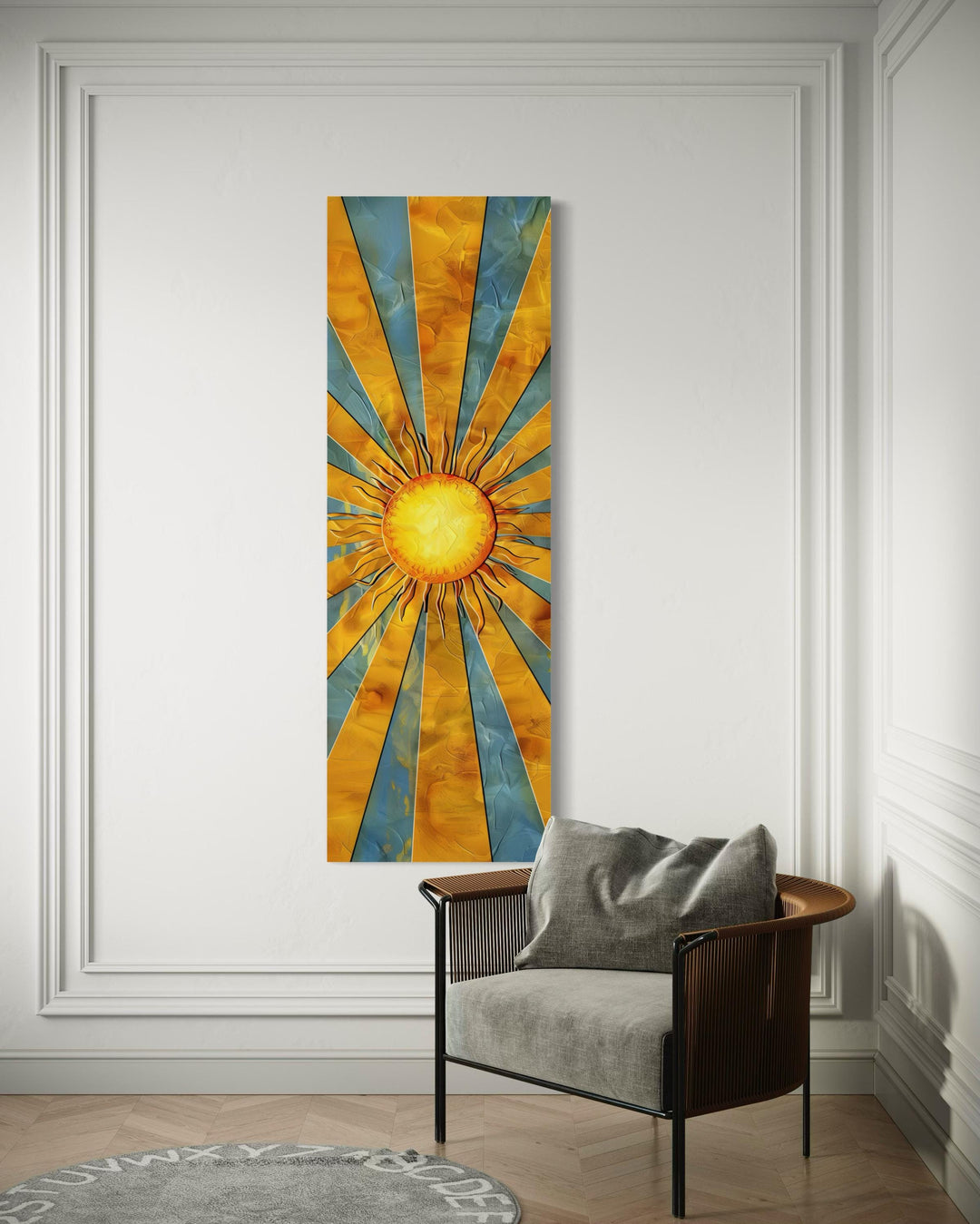 Vertical Narrow Yellow Sun In Blue Sky Framed Canvas Wall Art