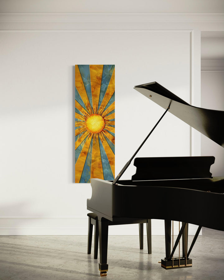 Vertical Narrow Yellow Sun In Blue Sky Framed Canvas Wall Art