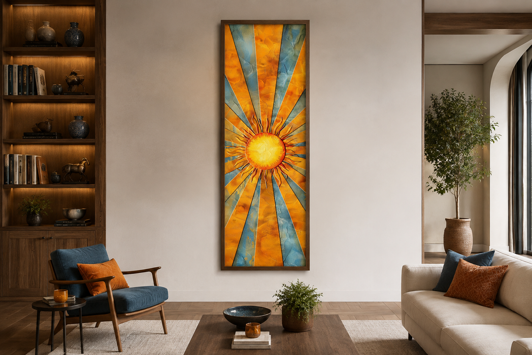 Vertical narrow framed canvas wall art featuring a yellow sun with blue and orange rays.
