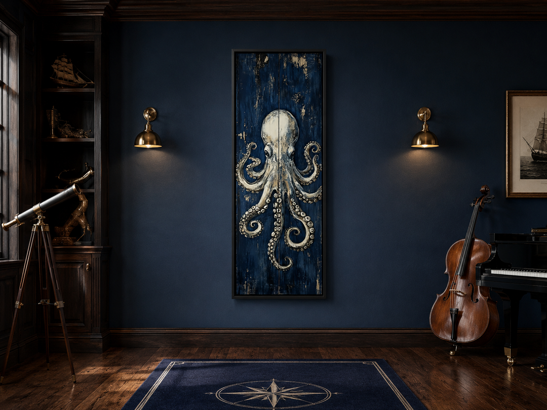 Vertical octopus canvas wall art with metallic tones on a navy background in a dark study.