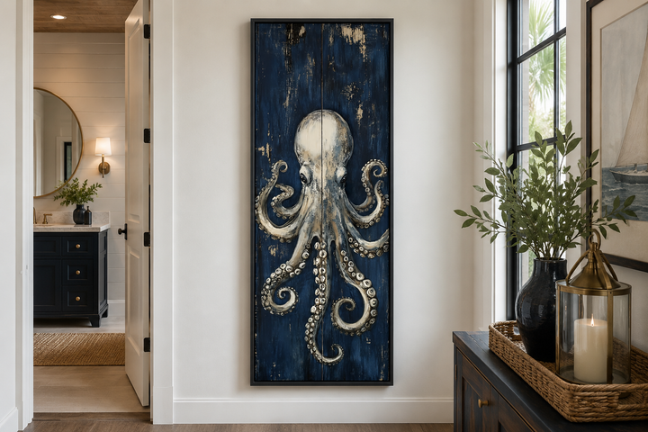 Vertical nautical canvas art of a metallic octopus on a deep navy background in a hallway.