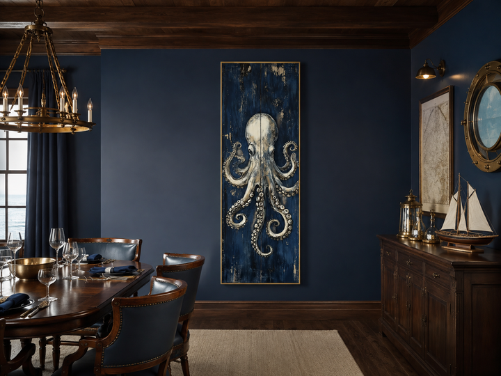 Vertical octopus canvas wall art in a nautical dining room with navy walls and dark wood furniture.