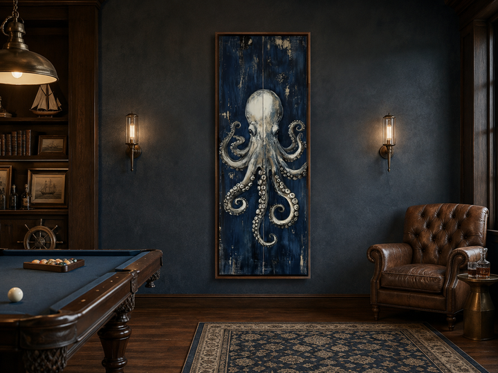 Vertical octopus wall art on a tall narrow canvas in a dark nautical-themed room.