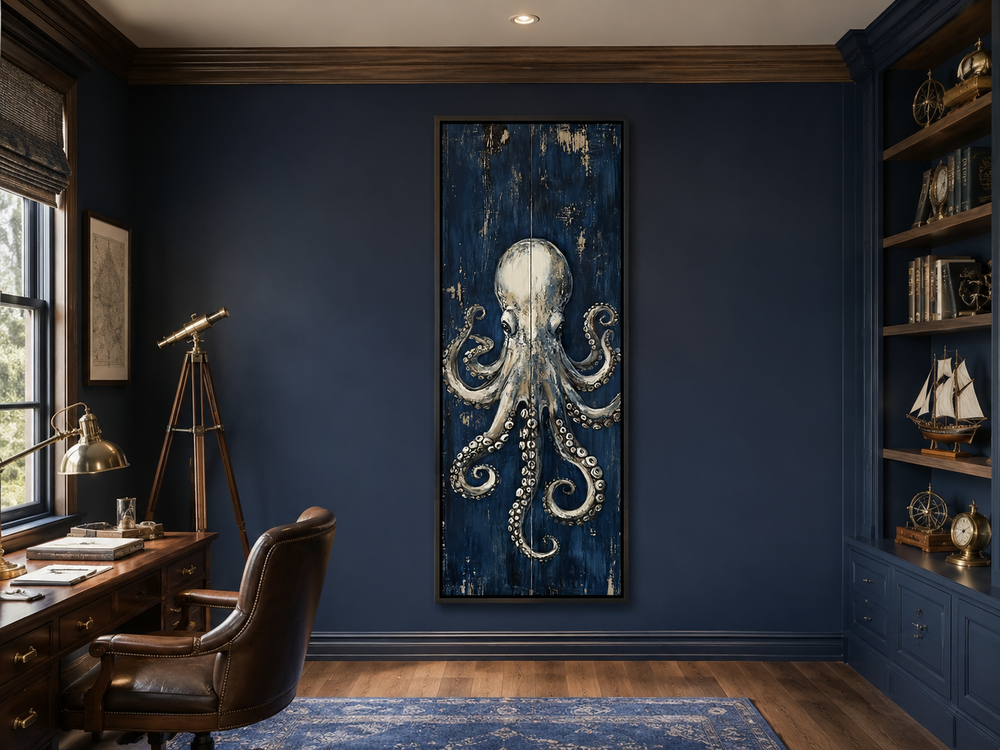 Vertical octopus canvas wall art with metallic tones on a navy background in a dark blue office.